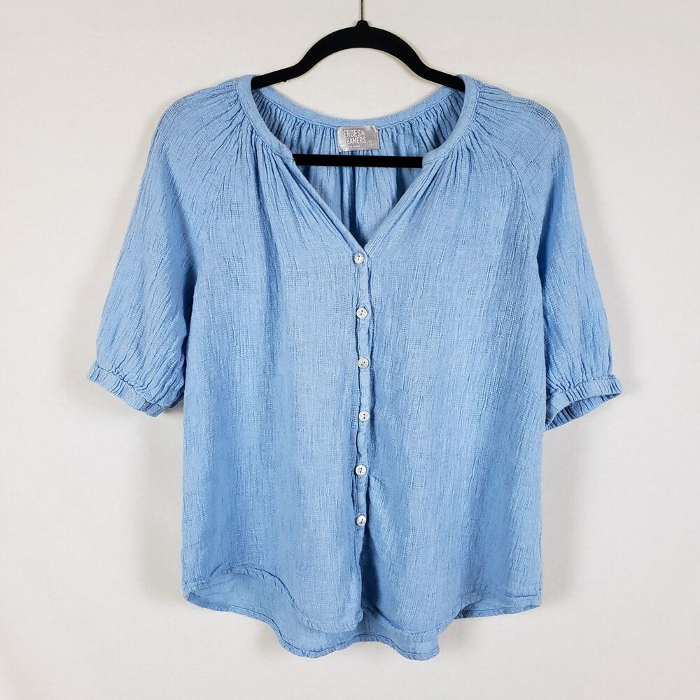 Heroes & Dreamers Cottagecore Prairie Peasant Blouse Womens XL Linen-Blend Blue